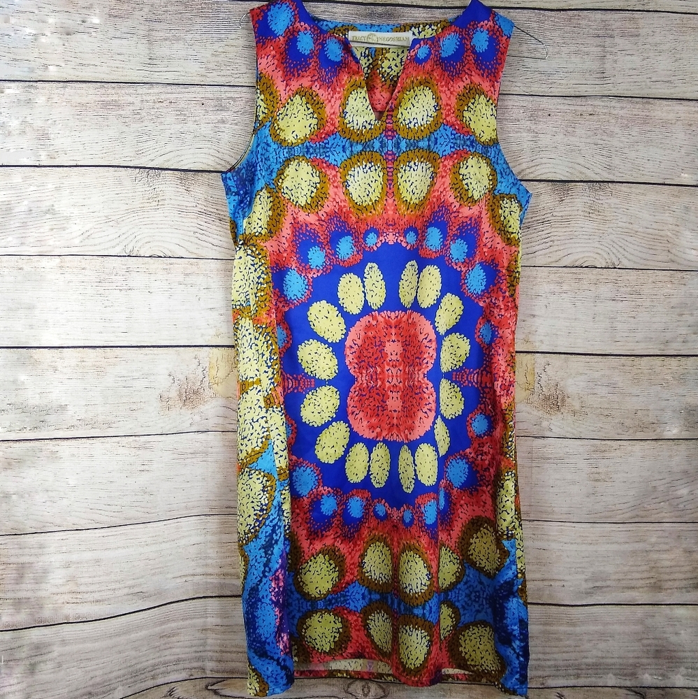 Tracy Negoshian sheath dress silky colorful M